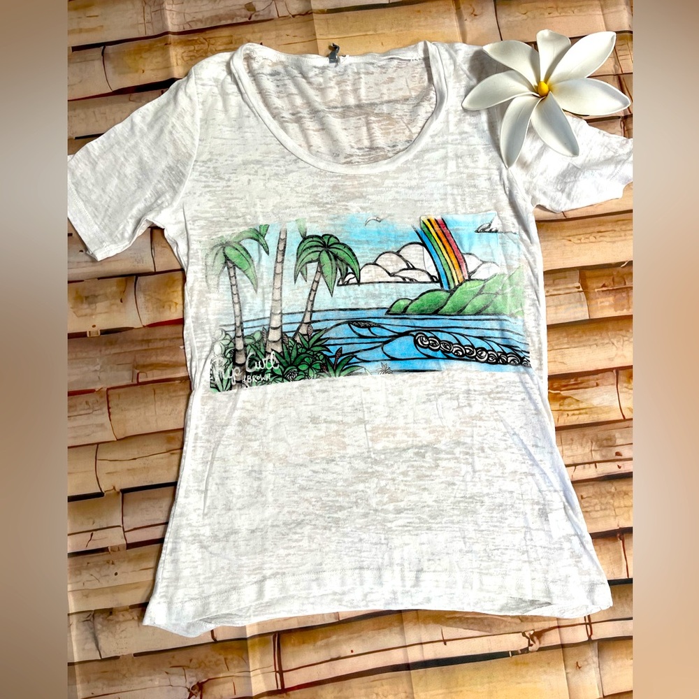Rip Curl Heather Brown Surfer Rainbow Short Sleeve Beach Tee Shirt